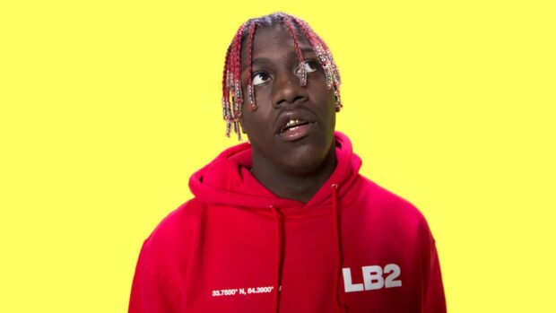 Lil Yachty wears a red hoodie with LB2 text and looks upward on a yellow background, HD Desktop Wallpaper