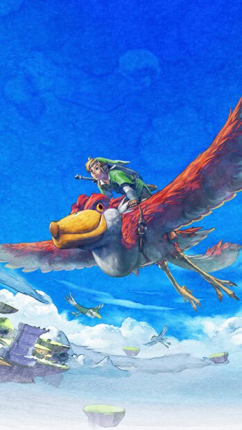 Link rides a large bird soaring above floating islands in Legend Of Zelda Skyward Sword, 2K Mobile Wallpaper