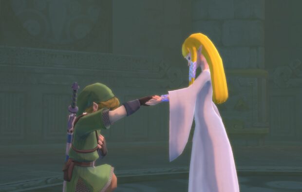 Link kneels and holds Zelda’s hand in a castle chamber in Legend Of Zelda Skyward Sword Wallpapers, HD Desktop Wallpaper