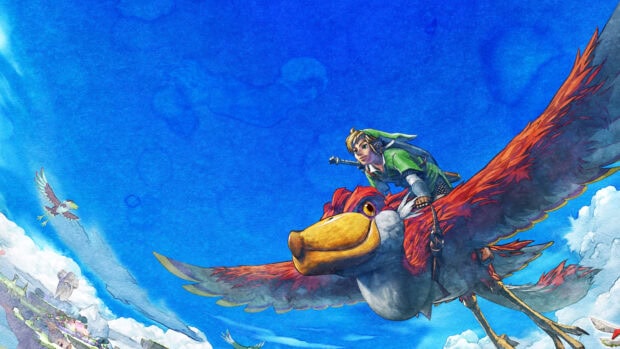 Link rides a large bird above clouds in Legend Of Zelda Skyward Sword, 4K Desktop Wallpaper