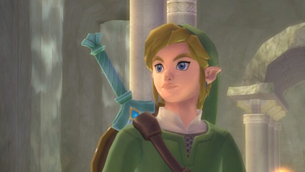 The hero Link from Legend Of Zelda Skyward Sword is standing inside the ancient temple, HD Desktop Wallpaper
