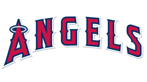 The Los Angeles Angels logo features bold red and blue letters with a halo on the A, 4K Desktop Wallpaper