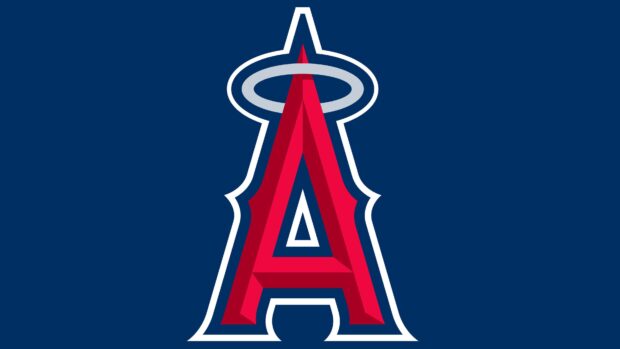 The Los Angeles Angels logo is shown with a red A and halo on a blue background, 4K Desktop Wallpaper