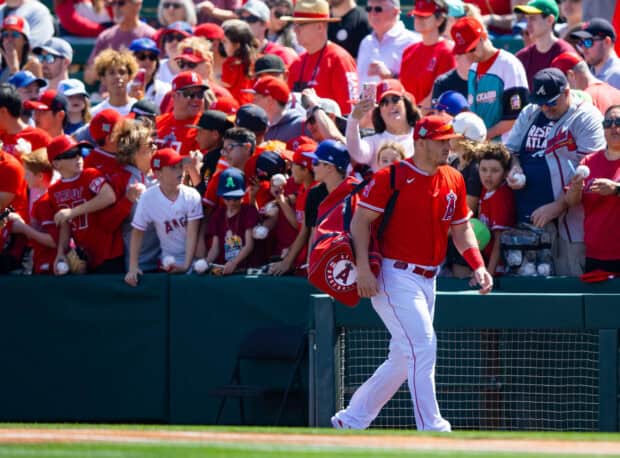 A Los Angeles Angels player walks past fans during the game, HD Desktop Wallpaper