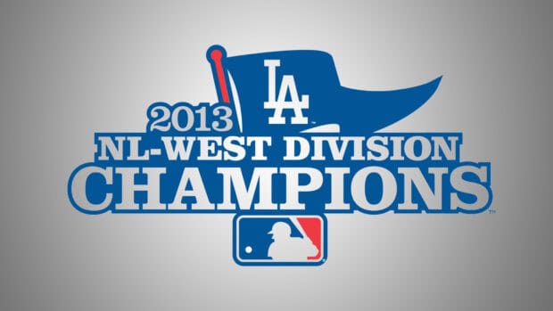 The Los Angeles Dodgers 2013 NL West Division Champions logo with a blue flag and MLB emblem, HD Desktop Wallpaper