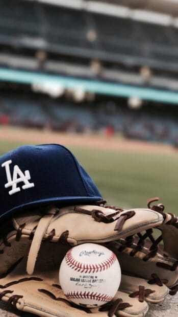 A Los Angeles Dodgers cap rests on a baseball glove with an official Major League Baseball on a field, HD Mobile Wallpaper