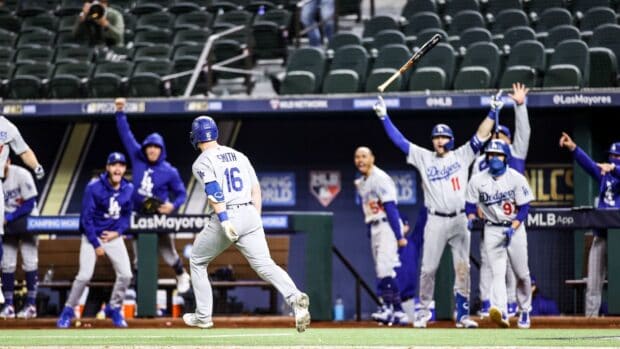 The Los Angeles Dodgers celebrate a key moment in the baseball game, HD Desktop Wallpaper