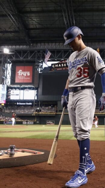 A Los Angeles Dodgers player stands ready with a bat on the field during a game, HD Phone Wallpaper