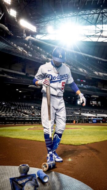 A Los Angeles Dodgers player stands on the field holding a bat inside an empty stadium, HD Mobile Wallpaper