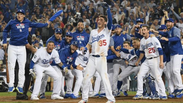 The Los Angeles Dodgers players are celebrating a big win on the field with excitement, HD Desktop Wallpaper