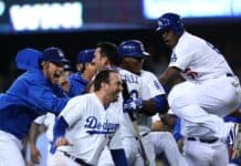 The Los Angeles Dodgers players are celebrating joyfully after a game, HD Desktop Wallpaper