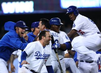 The Los Angeles Dodgers players are celebrating joyfully after a game, HD Desktop Wallpaper