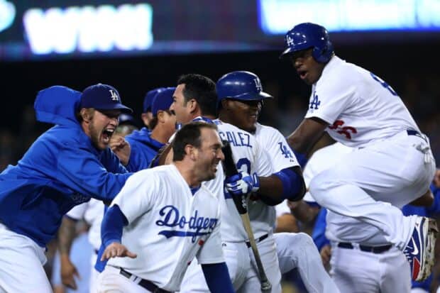 The Los Angeles Dodgers players are celebrating joyfully after a game, HD Desktop Wallpaper