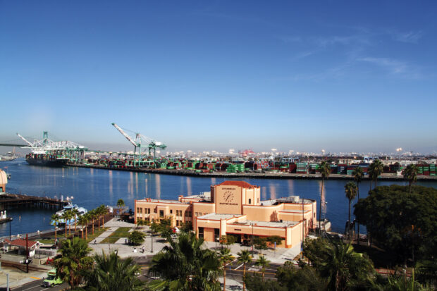 The Los Angeles Maritime Museum is shown with the port and cranes in the background, HD Desktop Wallpaper