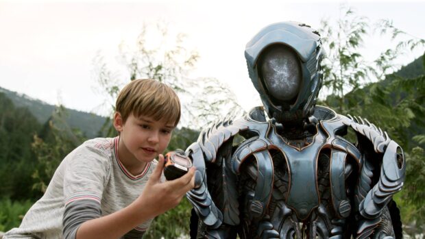 A boy interacts with the robot in a forest scene from Lost In Space tv series, 4K Desktop Wallpaper