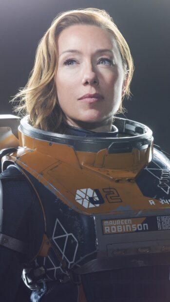 A close up portrait of Maureen Robinson from Lost In Space TV series in a space suit, 4K Phone Wallpaper