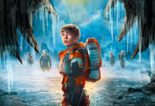 A group of Lost In Space tv series characters explore a frozen cave in space with icy stalactites and fog, 4K Desktop Wallpaper