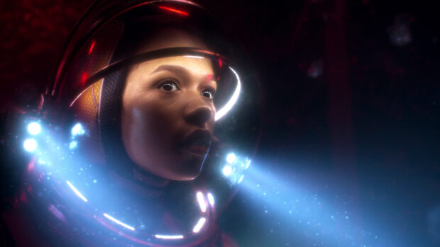 A close up portrait of a person wearing a space helmet with glowing lights in dark surroundings, 4K Desktop Wallpaper