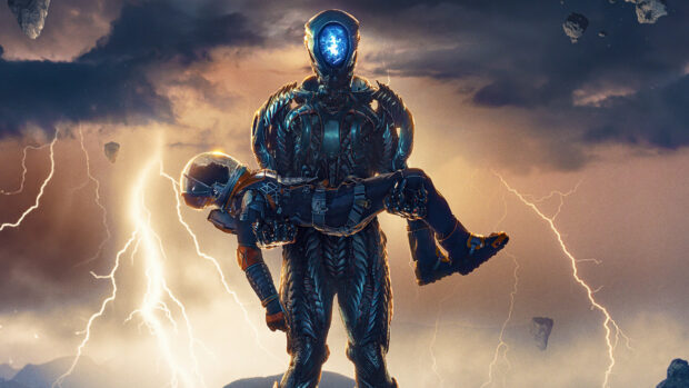A robotic figure carries an astronaut against a stormy sky with lightning in the Lost In Space Tv Series, 4K Desktop Wallpaper