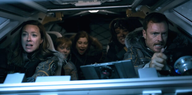 The Lost In Space Tv Series characters react dramatically while flying a spacecraft in a tense moment, HD Desktop Wallpaper
