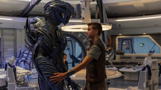 A young boy talks with a robot in a futuristic room from Lost In Space tv series, HD Desktop Wallpaper