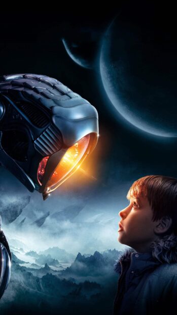 A boy looks at a glowing alien helmet under a distant planet, 2K Phone Wallpaper