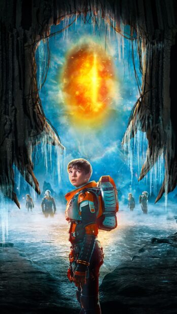 A young astronaut explores a mysterious icy cave in Lost In Space Tv Series, 4K Mobile Wallpaper