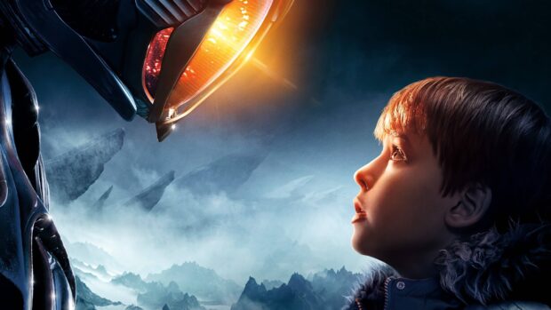 A young boy faces a robotic figure in a dramatic scene from Lost In Space tv series, 4K Desktop Wallpaper