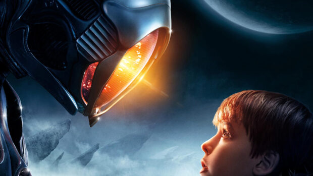 A young boy faces a glowing robot in Lost In Space tv series wallpapers, 4K Desktop Wallpaper