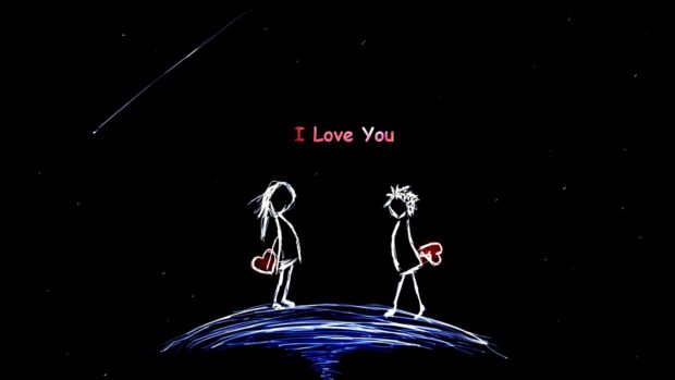 A love couple is standing on a glowing planet holding hearts with the words I Love You above them, 4K Desktop Wallpaper