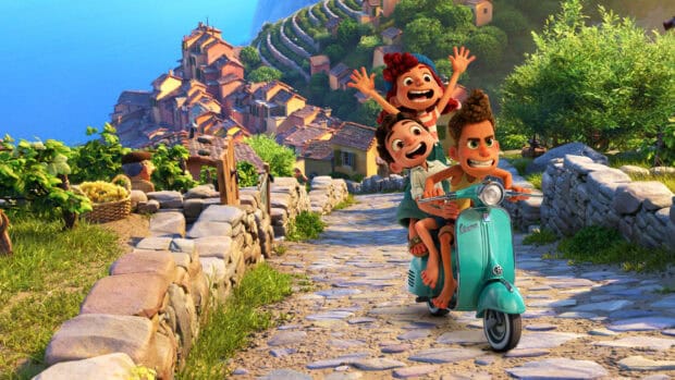 Three friends riding a scooter on a sunny Italian village road in Luca Wallpapers, HD Desktop Wallpaper