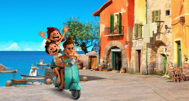 Three friends riding a scooter near the sea in Luca Wallpapers, HD Desktop Wallpaper