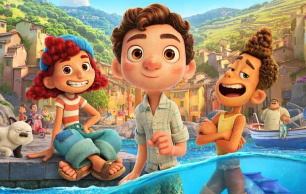Luca and friends smiling by the waterfront in a vibrant village setting, HD Desktop Wallpaper