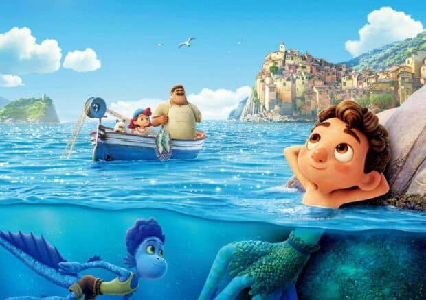 Luca Wallpapers featuring characters swimming and boating by the seaside, HD Desktop Wallpaper
