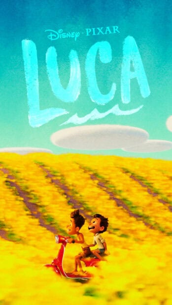 Two boys riding a red scooter through a field of yellow flowers in Luca Wallpapers, HD Mobile Wallpaper