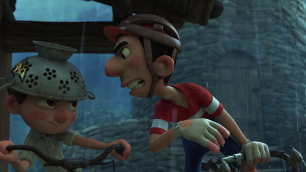 Two Luca characters confront each other on bicycles in the rain, HD Desktop Wallpaper