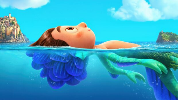 A bright scene of Luca character partially underwater with islands in the background, 4K Desktop Wallpaper