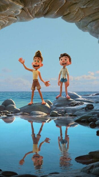 Two Luca characters stand by the ocean with their reflections in the water, 4K Phone Wallpaper