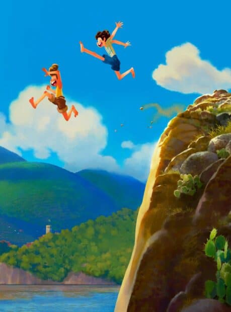 Two boys jumping off cliff with Luca wallpapers in the bright sunny sky, HD Mobile Wallpaper