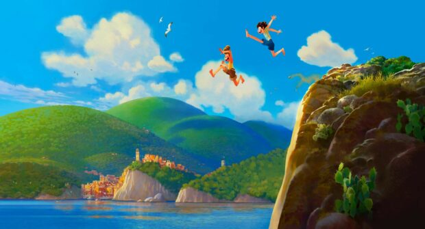 Two boys enjoy jumping from a cliff in a scenic coastal landscape in Luca Wallpapers, 2K Desktop Wallpaper