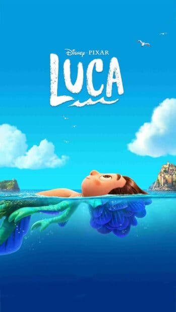 Luca Wallpapers showing a character floating peacefully in the water under a blue sky, 2K Phone Wallpaper