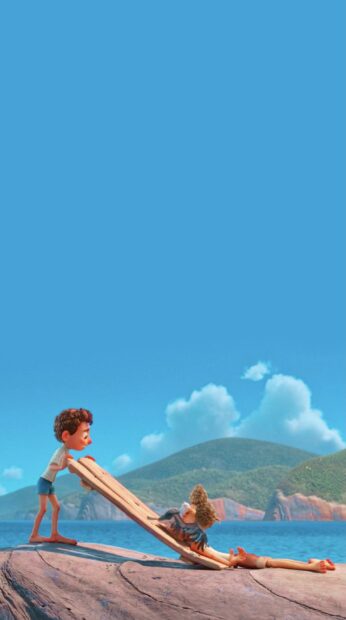 A playful moment between Luca and Alberto by the sea with blue sky and hills, 2K Phone Wallpaper