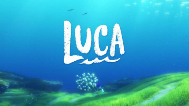 A blue underwater ocean scene with Luca text and fish swimming, 2K Desktop Wallpaper