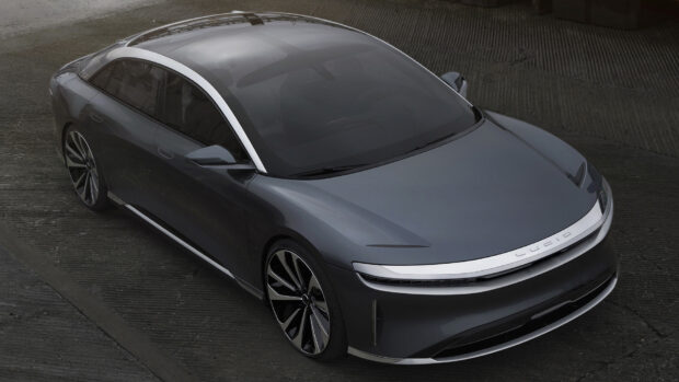 A sleek gray Lucid Motors vehicle parked on a textured surface, HD Desktop Wallpaper