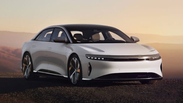 A white Lucid Motors car is parked on a mountain road at sunset, HD Desktop Wallpaper
