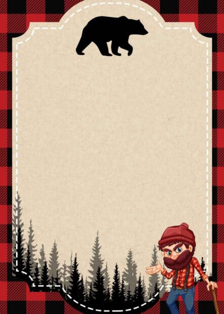 A lumberjack character stands near pine trees with a bear silhouette above on a plaid background, HD Mobile Wallpaper