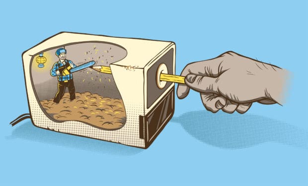 A hand sharpens a pencil while a lumberjack cuts wood inside the sharpener, HD Desktop Wallpaper
