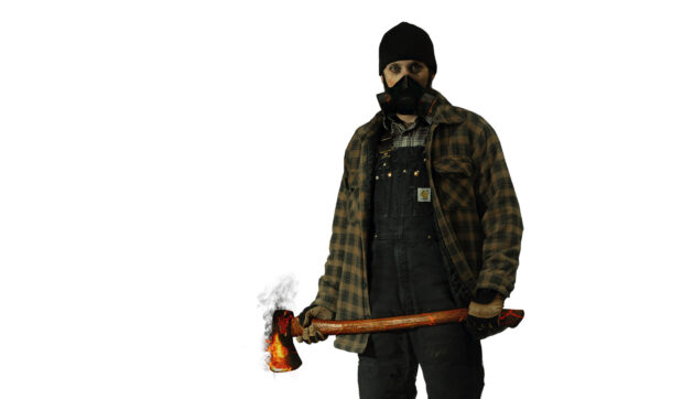 A lumberjack wearing a mask and gloves holds a burning axe with smoke rising, HD Desktop Wallpaper