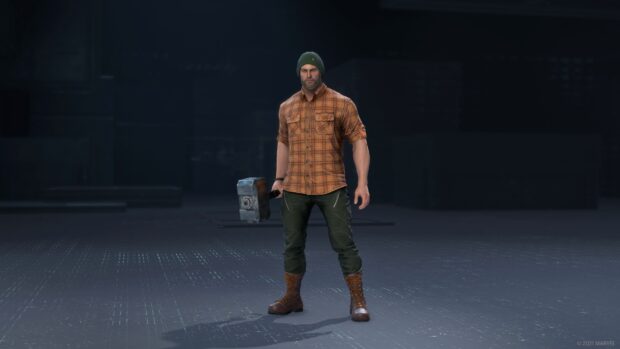A lumberjack wearing a beanie and plaid shirt holding a large hammer, 4K Desktop Wallpaper