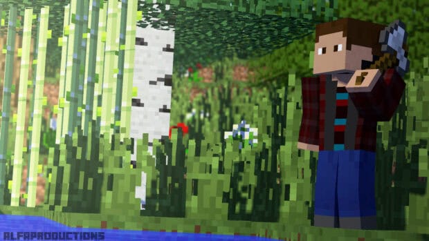 A lumberjack stands with an axe near birch trees in the forest, HD Desktop Wallpaper